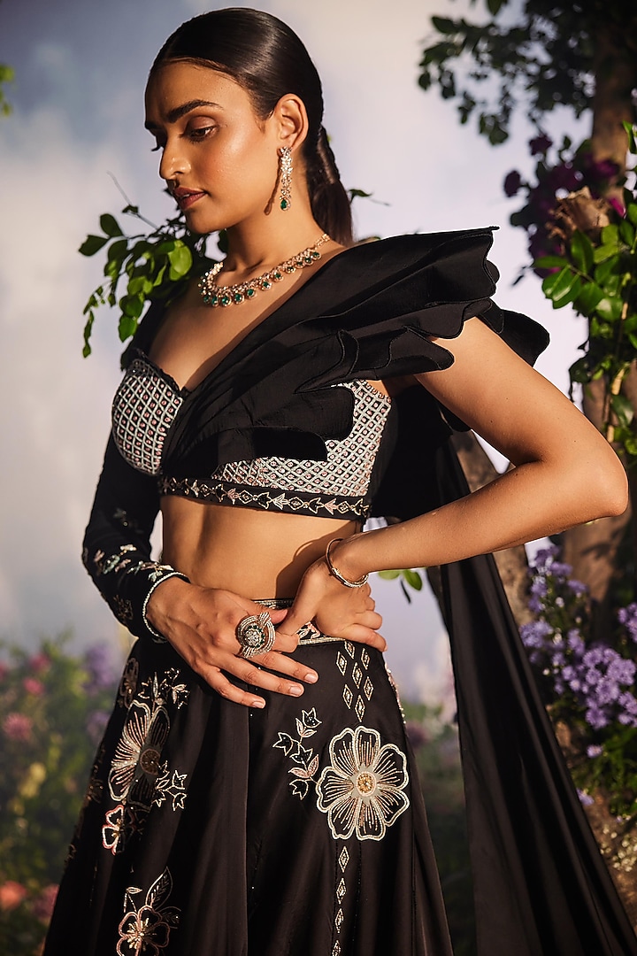 Black Satin Organza Thread Embroidered Wedding Lehenga Set by Miku Kumar at Pernia's Pop Up Shop