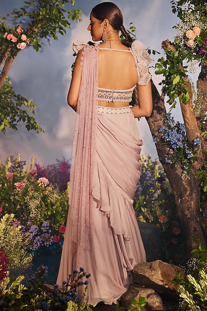 Lavender Satin Organza Draped Wedding Lehenga Saree Set by Miku Kumar at Pernia's Pop Up Shop