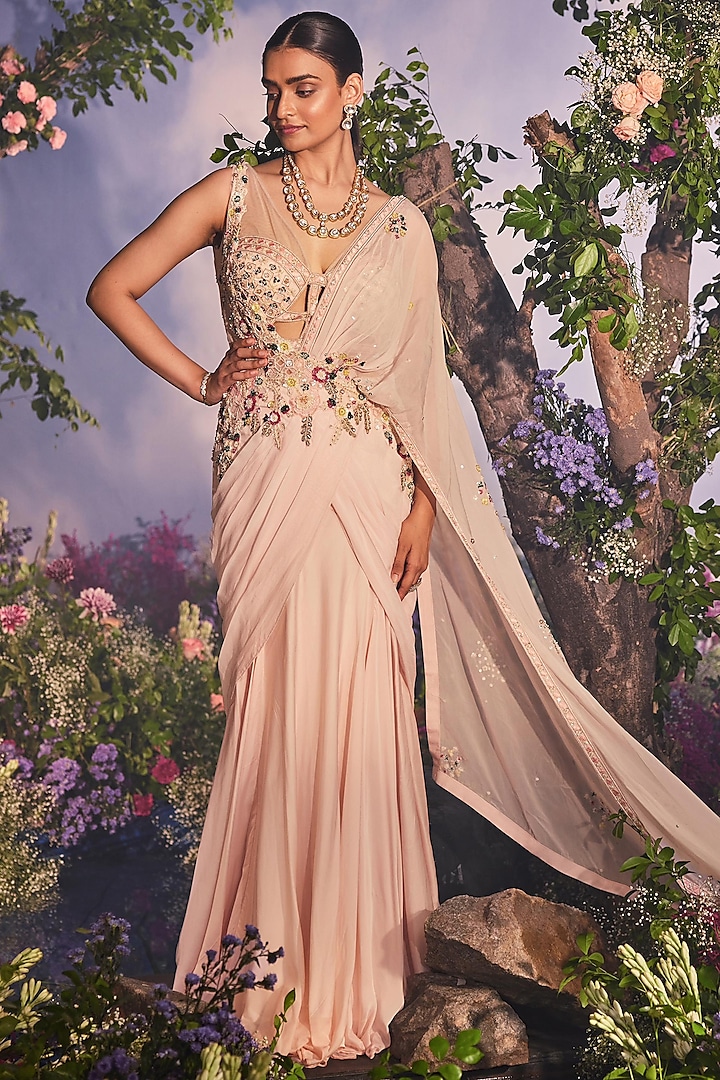 Peach Georgette Draped Saree Set by Miku Kumar