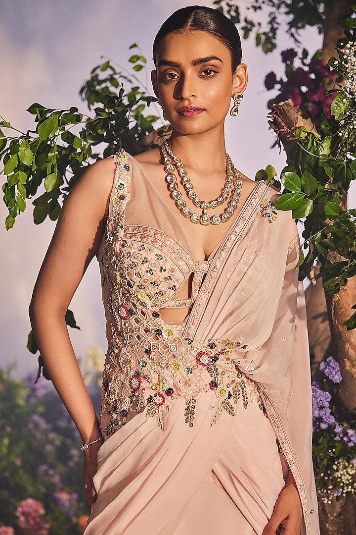 Peach Georgette Draped Wedding Saree Set by Miku Kumar at Pernia's Pop Up Shop