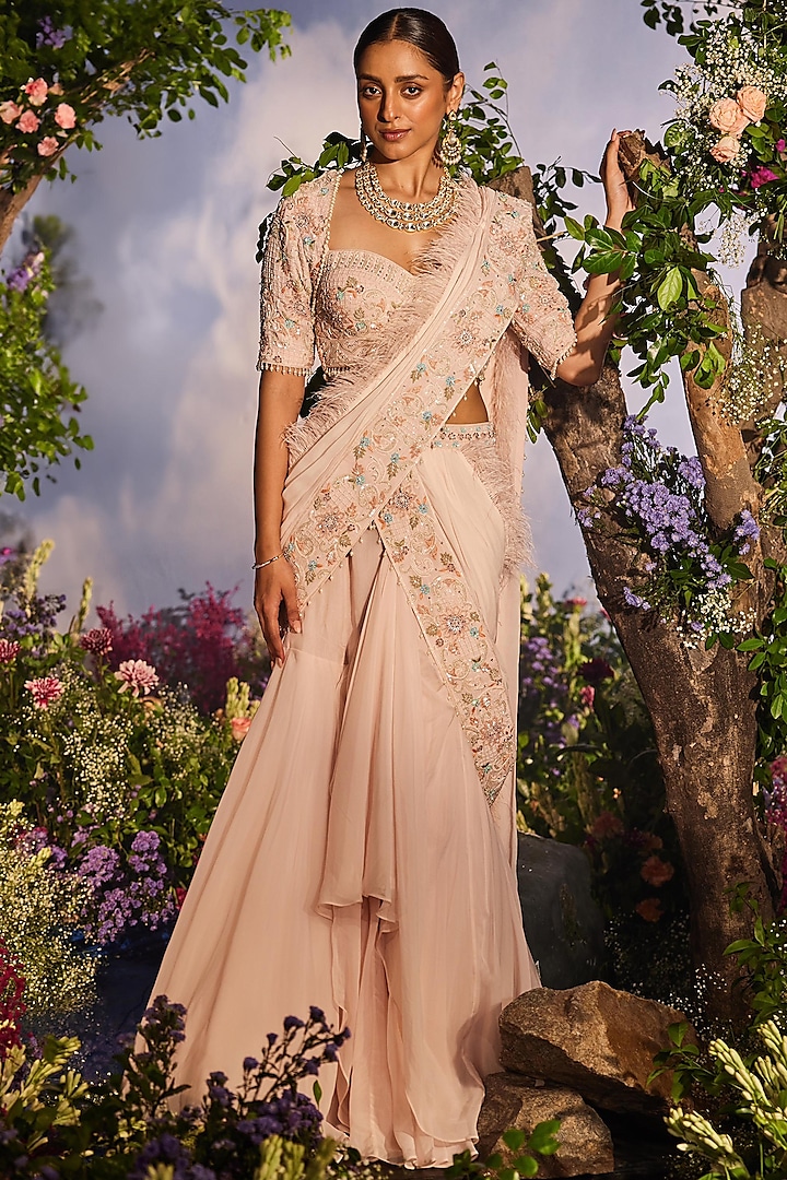 Peach Georgette Draped Saree Set by Miku Kumar