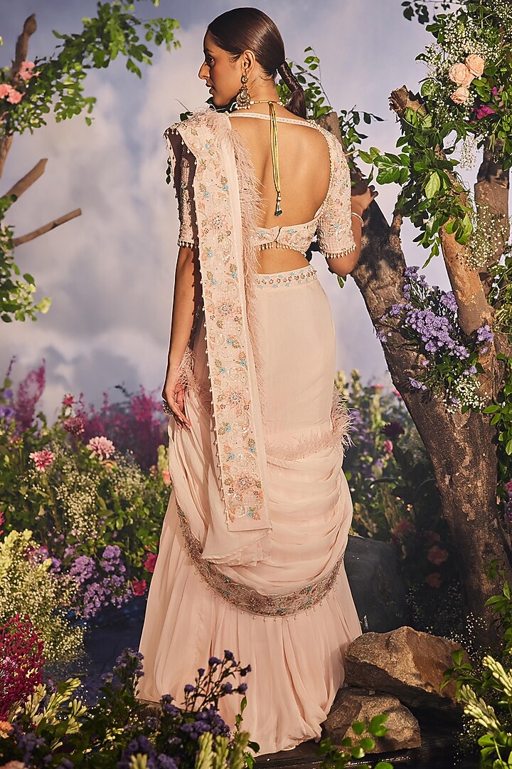 Peach Georgette Draped Reception Saree Set by Miku Kumar at Pernia's Pop Up Shop