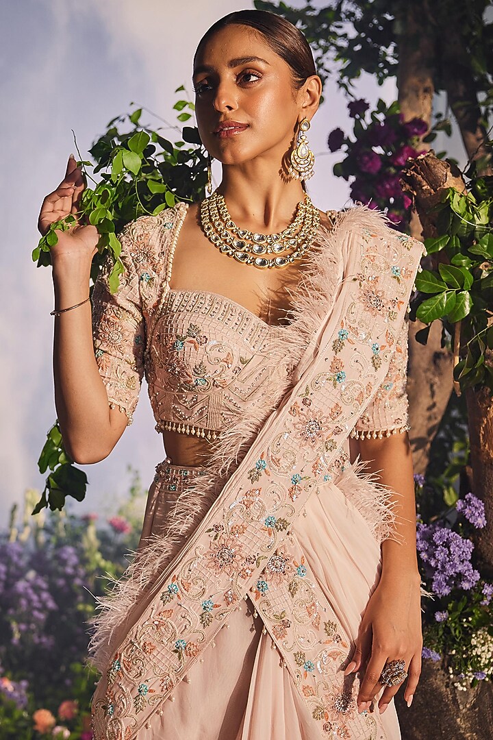 Peach Georgette Draped Reception Saree Set by Miku Kumar at Pernia's Pop Up Shop