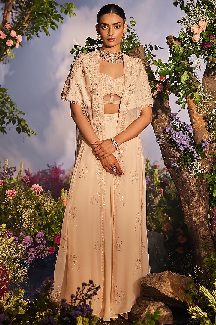 Peach Georgette Embroidered Cape Set by Miku Kumar at Pernia's Pop Up Shop