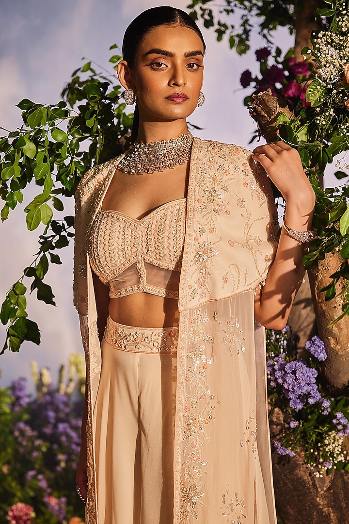 Peach Georgette Embroidered Cape Set by Miku Kumar at Pernia's Pop Up Shop