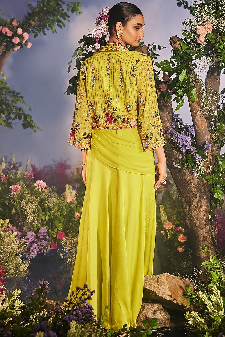 Lime Green Georgette Embroidered Jacket Set by Miku Kumar at Pernia's Pop Up Shop