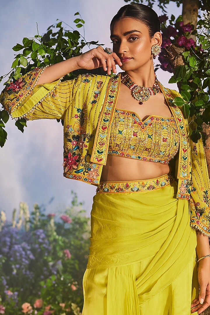 Lime Green Georgette Embroidered Jacket Set by Miku Kumar at Pernia's Pop Up Shop