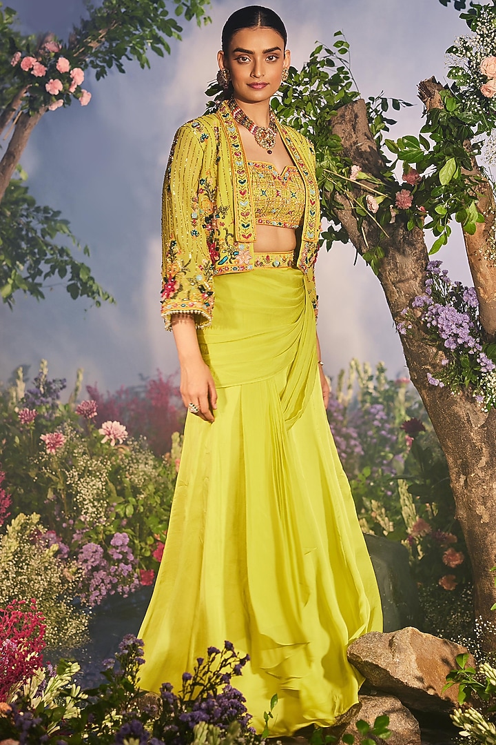 Lime Green Georgette Embroidered Jacket Set by Miku Kumar at Pernia's Pop Up Shop