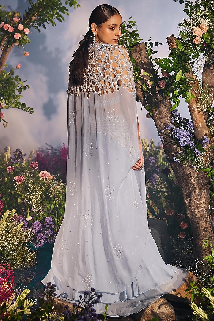 Ice Blue Georgette Double-Layered Wedding Lehenga Set by Miku Kumar at Pernia's Pop Up Shop