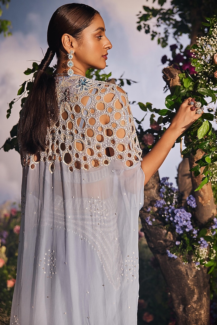 Ice Blue Georgette Double-Layered Wedding Lehenga Set by Miku Kumar at Pernia's Pop Up Shop