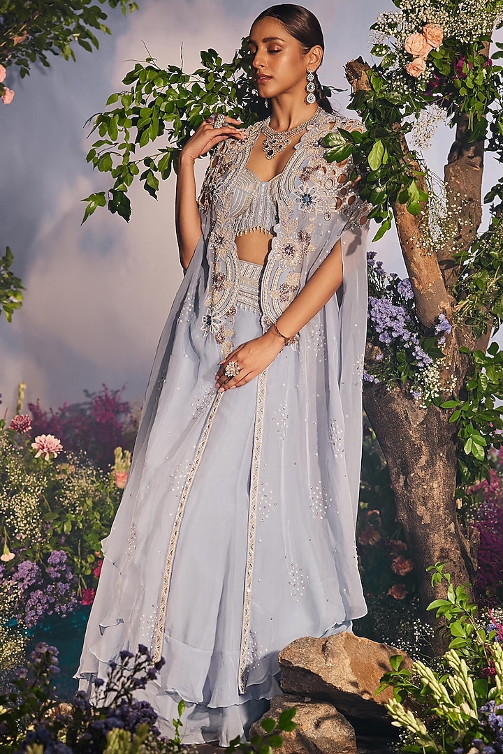 Ice Blue Georgette Double-Layered Wedding Lehenga Set by Miku Kumar at Pernia's Pop Up Shop