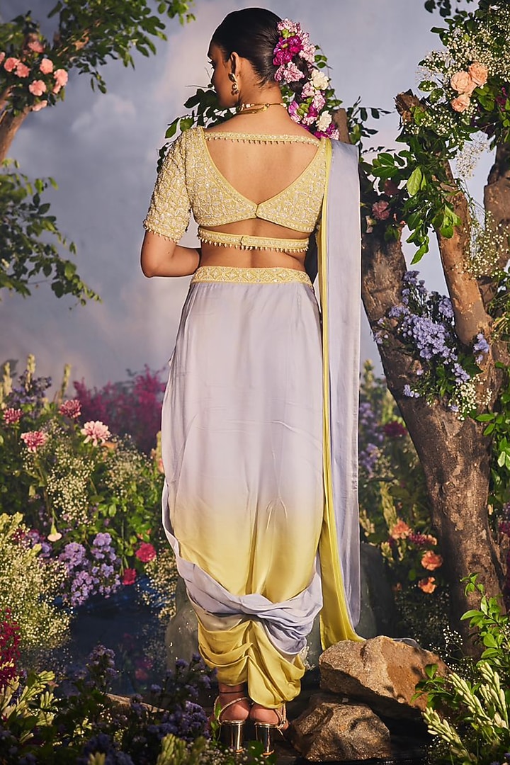 Yellow & Blue Georgette Draped Dhoti Wedding Saree Set by Miku Kumar at Pernia's Pop Up Shop