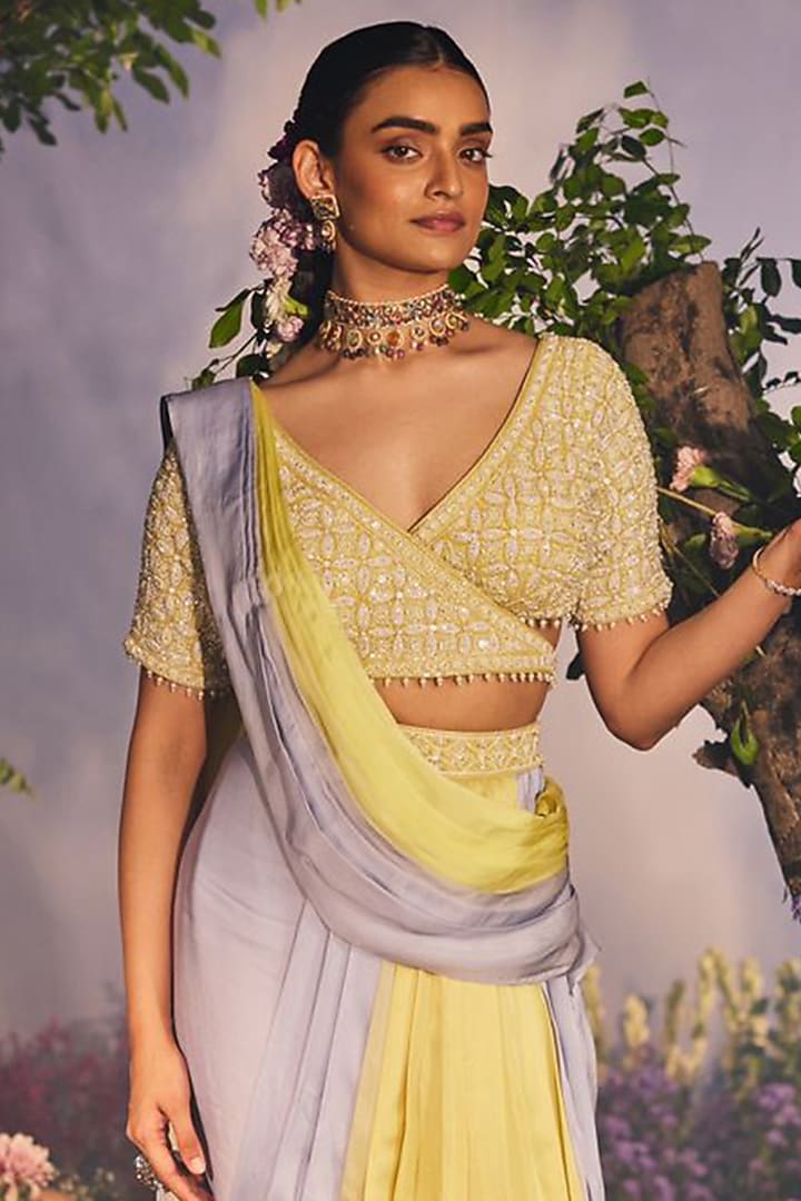 Yellow & Blue Georgette Draped Dhoti Wedding Saree Set by Miku Kumar at Pernia's Pop Up Shop