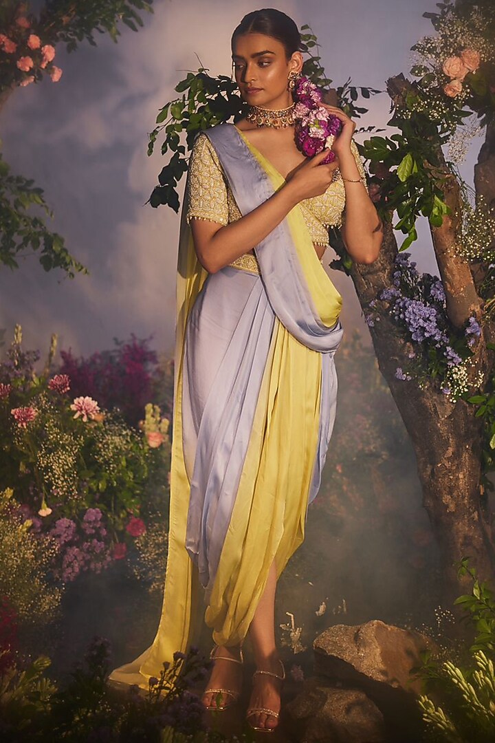 Yellow & Blue Georgette Draped Dhoti Wedding Saree Set by Miku Kumar at Pernia's Pop Up Shop