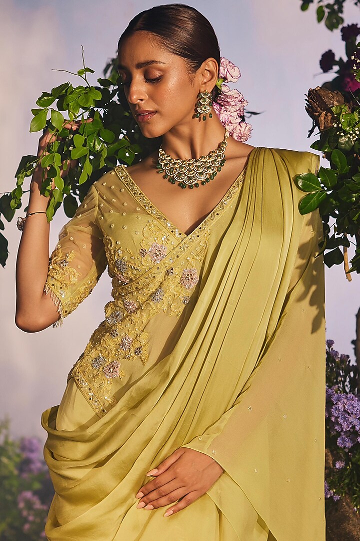 Green Georgette Draped Sharara Wedding Saree Set by Miku Kumar at Pernia's Pop Up Shop