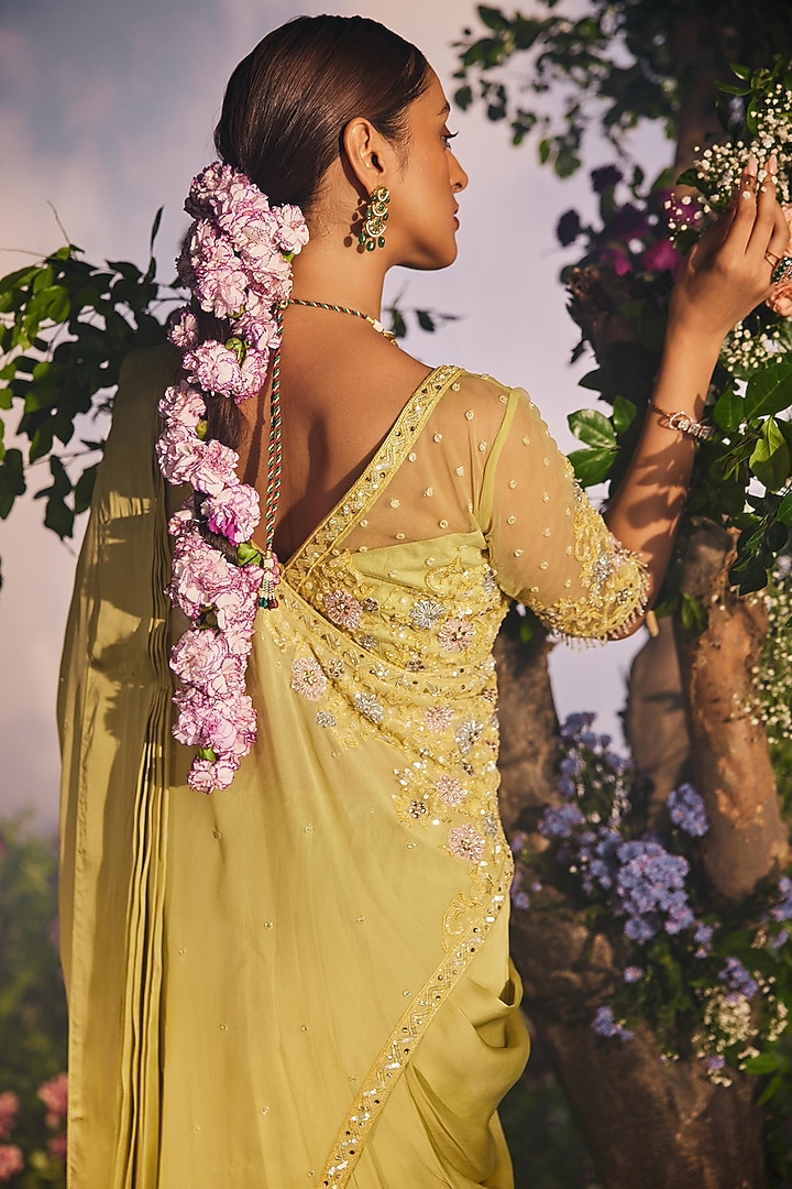 Green Georgette Draped Sharara Wedding Saree Set by Miku Kumar at Pernia's Pop Up Shop
