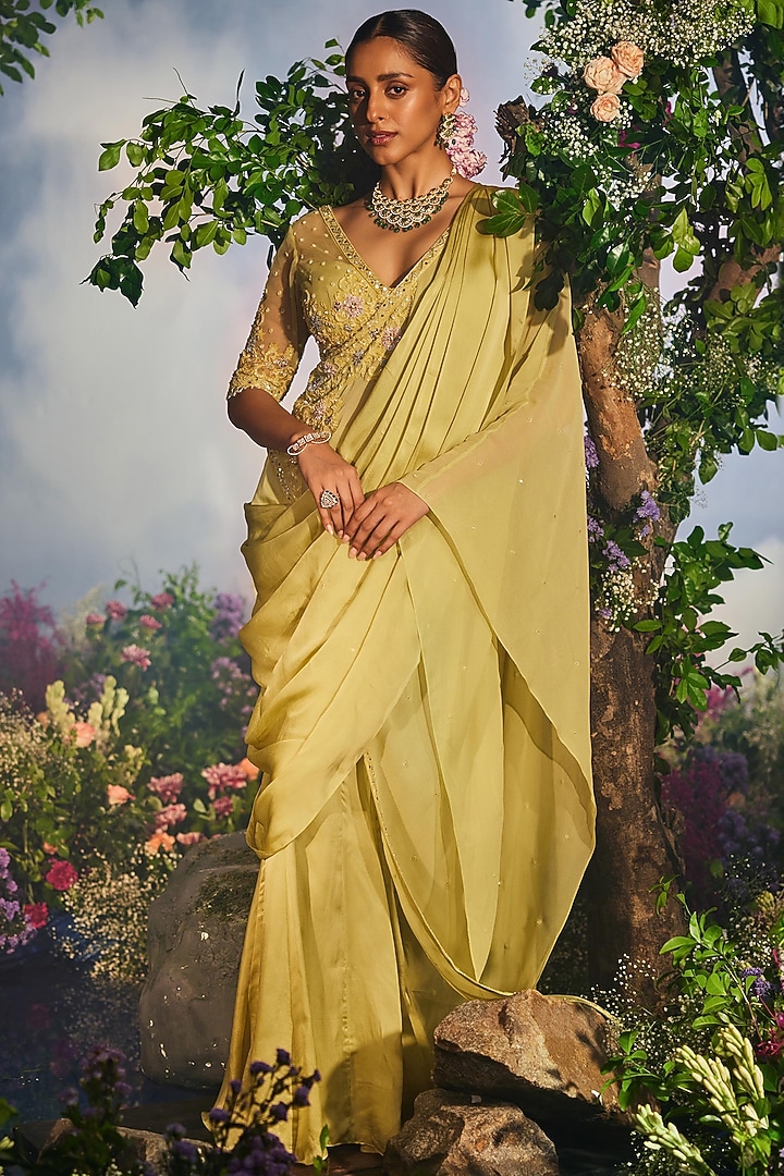 Green Georgette Draped Sharara Wedding Saree Set by Miku Kumar at Pernia's Pop Up Shop