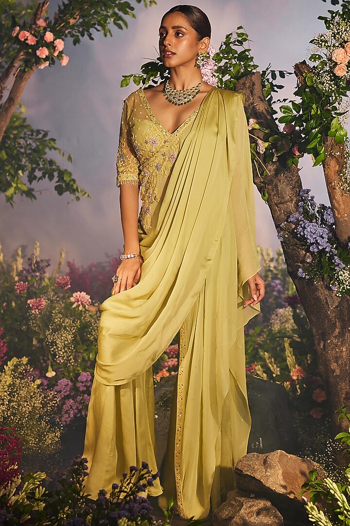 Green Georgette Draped Sharara Wedding Saree Set by Miku Kumar at Pernia's Pop Up Shop