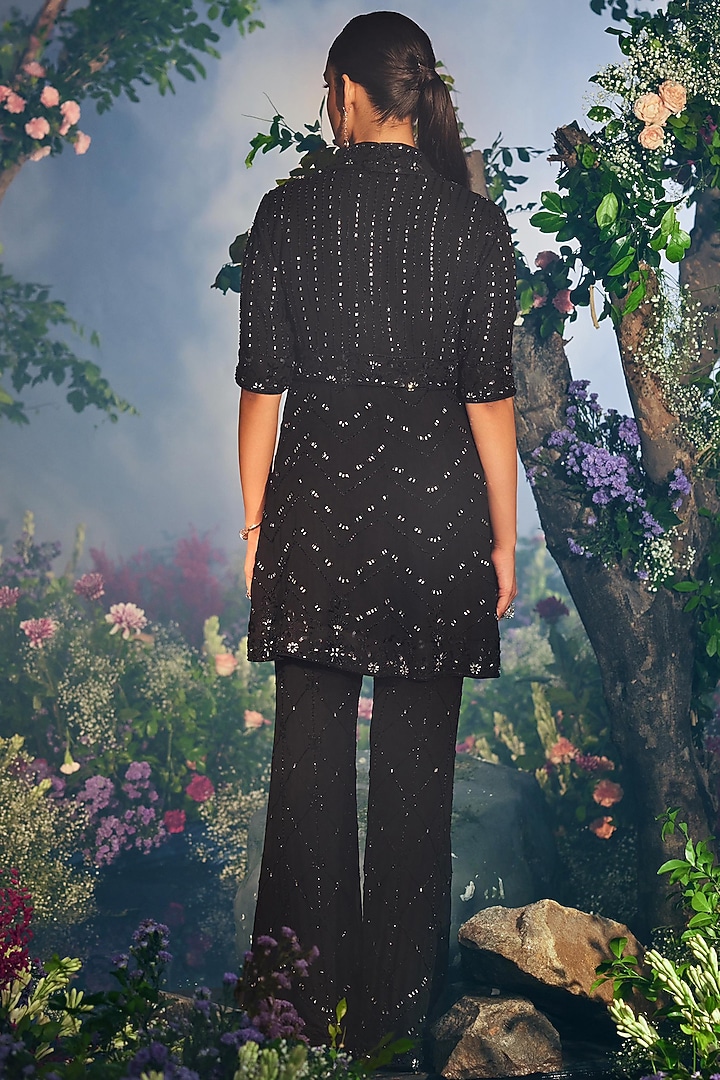 Black Georgette Mirror Work Jacket Set by Miku Kumar at Pernia's Pop Up Shop