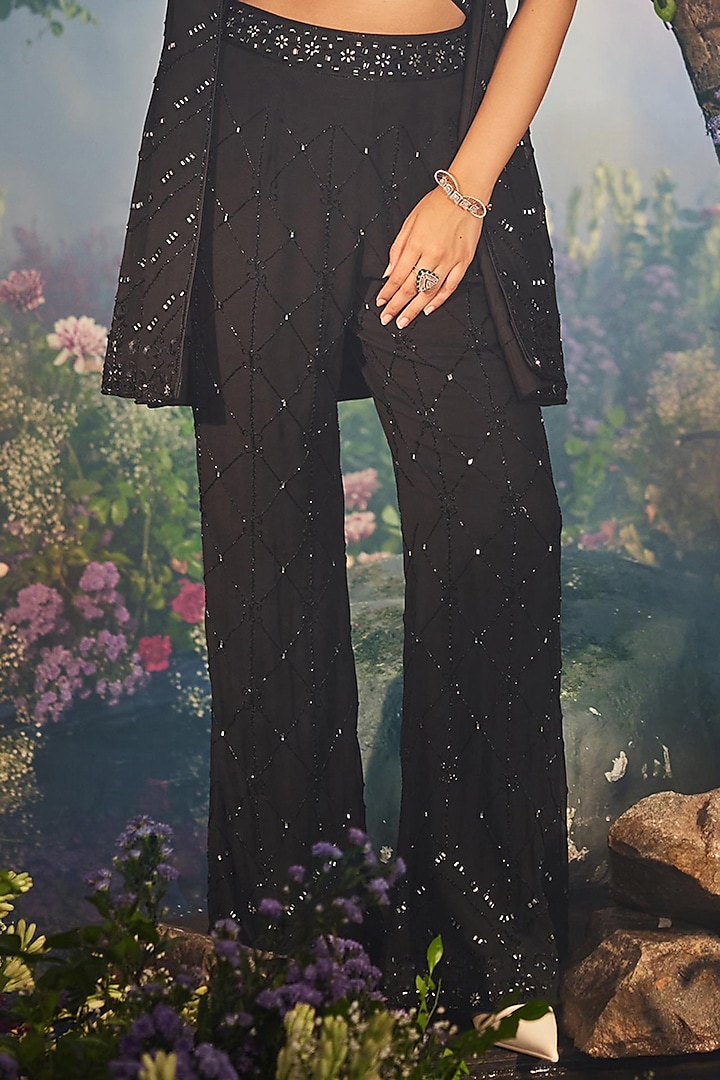 Black Georgette Mirror Work Jacket Set by Miku Kumar at Pernia's Pop Up Shop