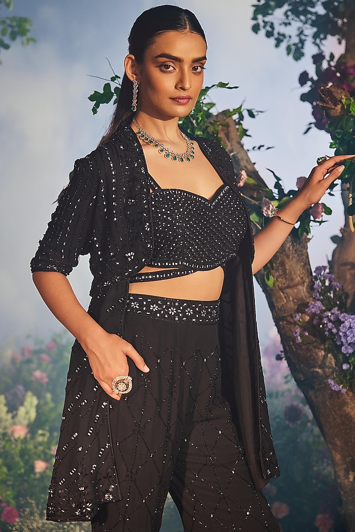 Black Georgette Mirror Work Jacket Set by Miku Kumar at Pernia's Pop Up Shop
