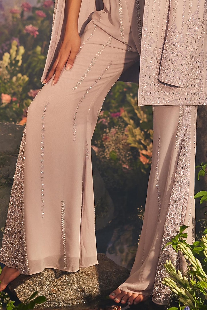 Lilac Georgette Sequins Work Jacket Set by Miku Kumar at Pernia's Pop Up Shop