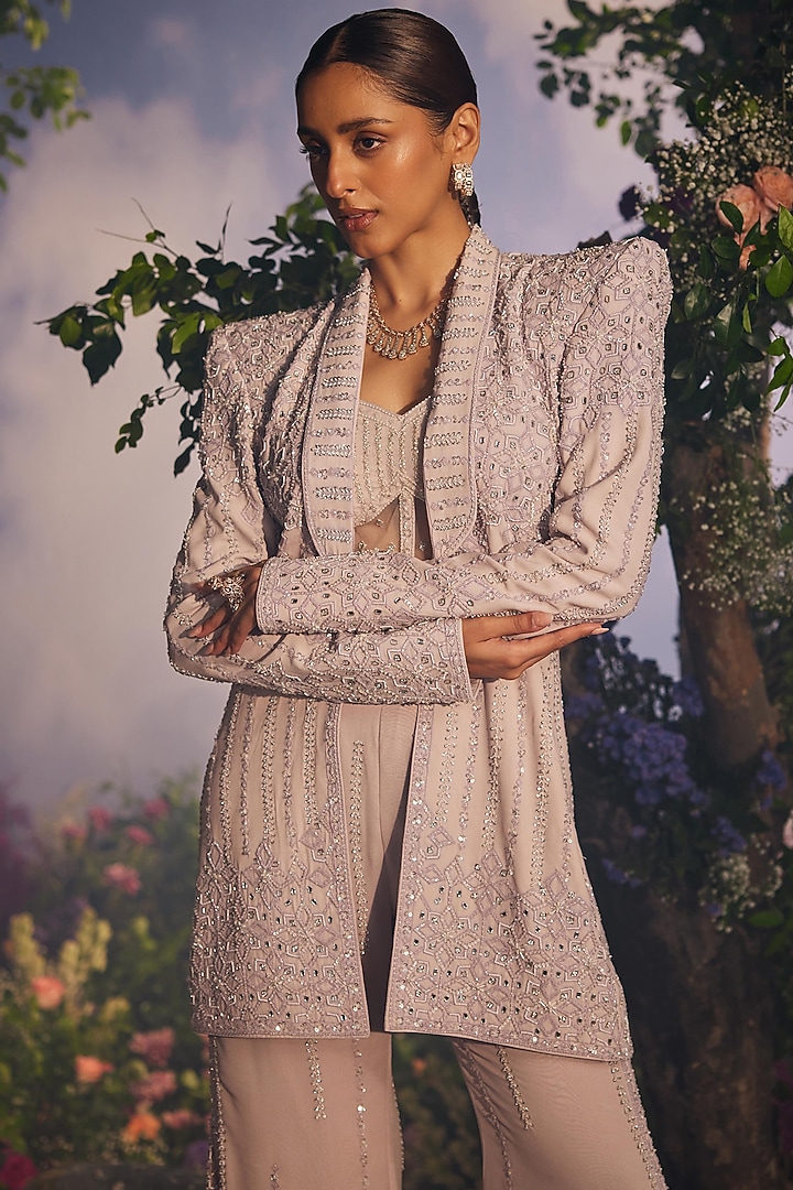 Lilac Georgette Sequins Work Jacket Set by Miku Kumar at Pernia's Pop Up Shop