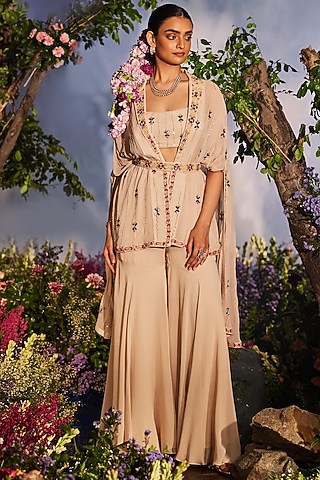 Ivory Georgette Sequins Embroidered Cape Set by Miku Kumar