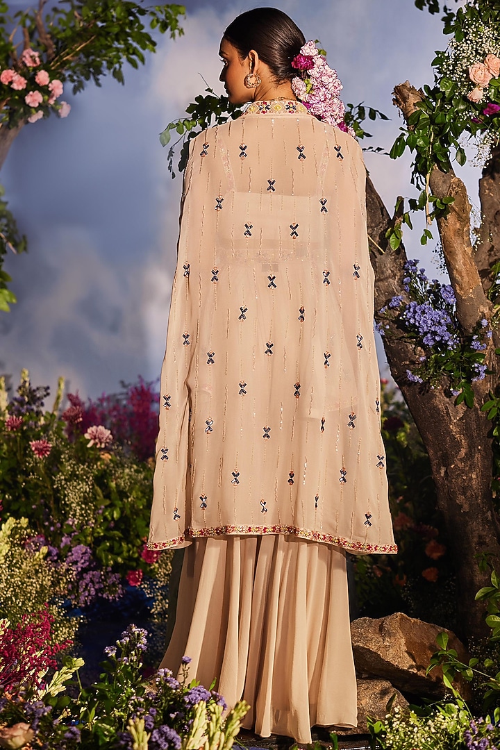 Ivory Georgette Sequins Embroidered Cape Set by Miku Kumar at Pernia's Pop Up Shop