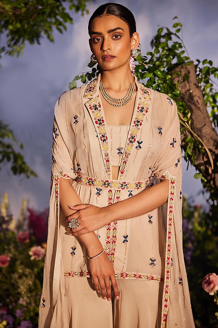 Ivory Georgette Sequins Embroidered Cape Set by Miku Kumar at Pernia's Pop Up Shop