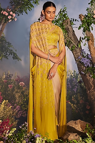 Yellow Georgette Sequins Embroidered Cape Set by Miku Kumar