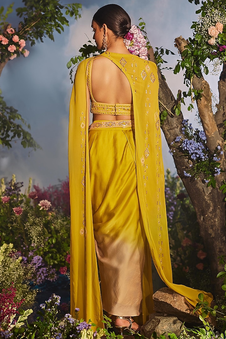Yellow Georgette Sequins Embroidered Cape Set by Miku Kumar at Pernia's Pop Up Shop