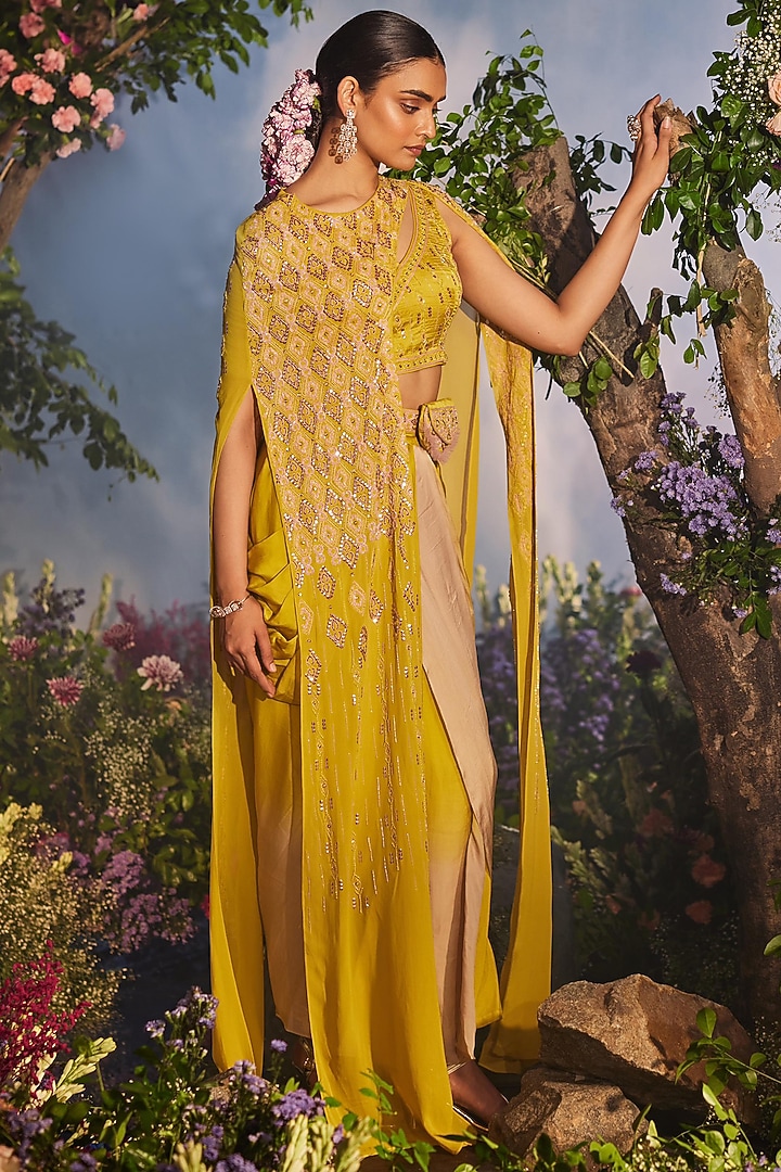 Yellow Georgette Sequins Embroidered Cape Set by Miku Kumar at Pernia's Pop Up Shop