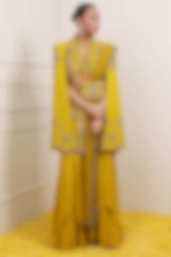 Yellow Triple Georgette Sharara Set by Miku Kumar
