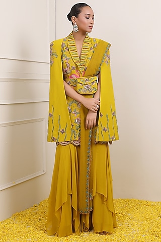 Yellow Triple Georgette Sharara Set by Miku Kumar