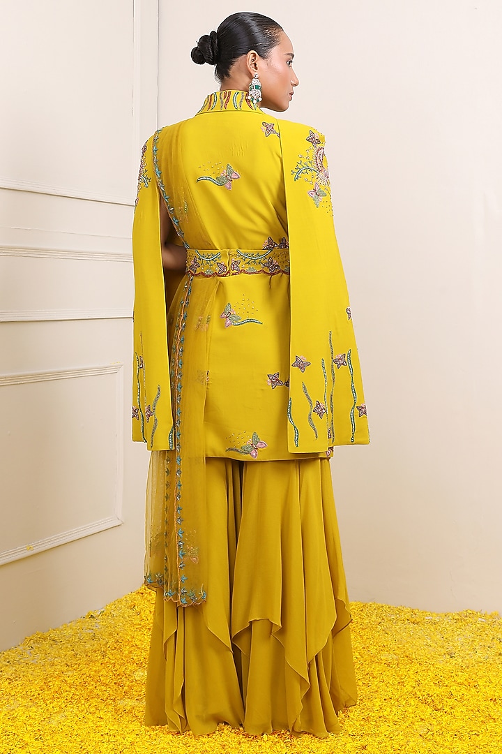 Yellow Triple Georgette Wedding Sharara Set by Miku Kumar at Pernia's Pop Up Shop