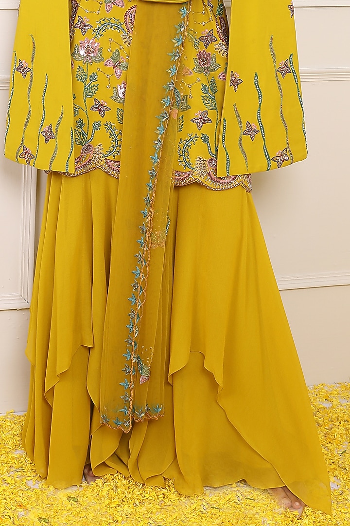 Yellow Triple Georgette Wedding Sharara Set by Miku Kumar at Pernia's Pop Up Shop