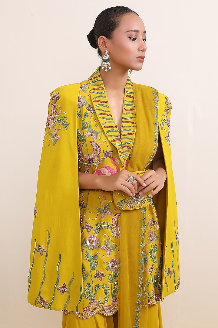 Yellow Triple Georgette Wedding Sharara Set by Miku Kumar at Pernia's Pop Up Shop