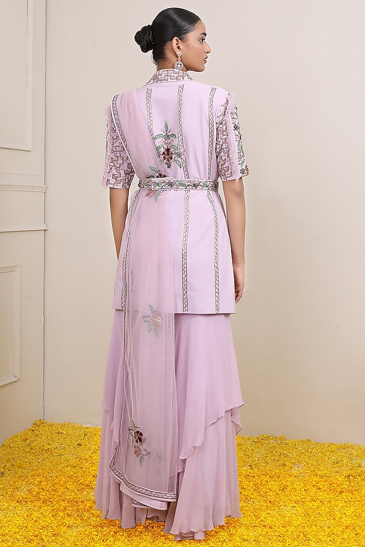 Lilac Georgette Layered Wedding Sharara Set by Miku Kumar at Pernia's Pop Up Shop