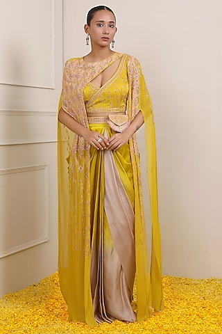 Yellow Georgette & Satin Organza Cape Set by Miku Kumar
