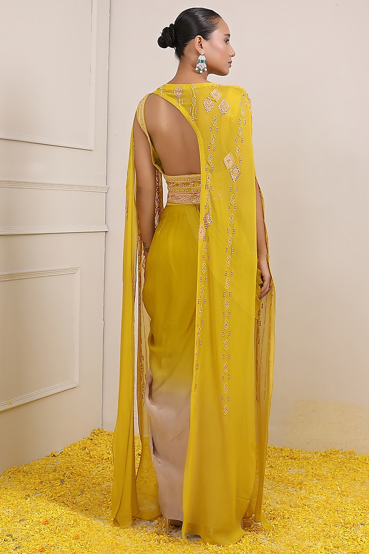 Yellow Georgette & Satin Organza Cape Set by Miku Kumar at Pernia's Pop Up Shop
