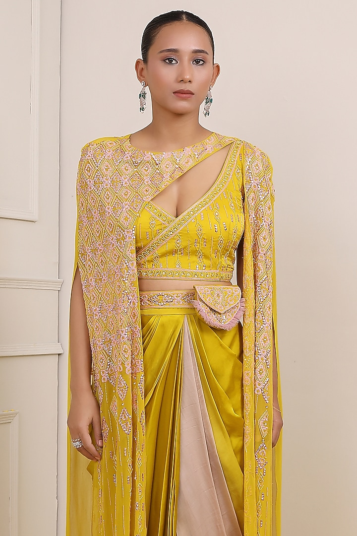 Yellow Georgette & Satin Organza Cape Set by Miku Kumar at Pernia's Pop Up Shop