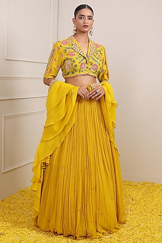 Yellow Georgette & Satin Organza Lehenga Set by Miku Kumar