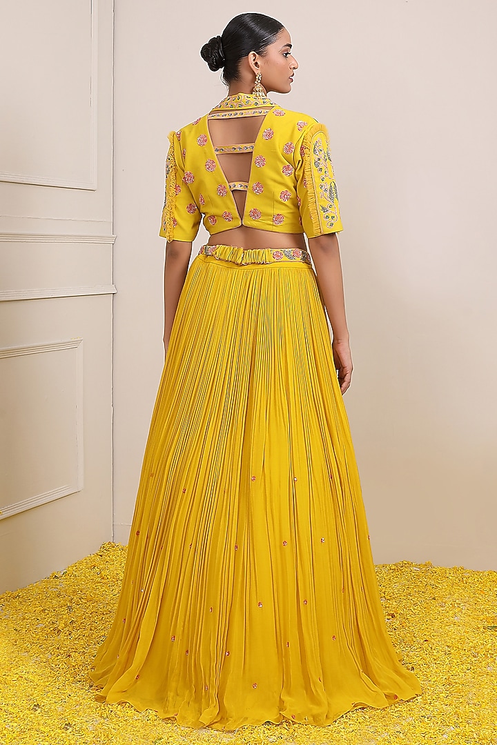 Yellow Georgette & Satin Organza Wedding Lehenga Set by Miku Kumar at Pernia's Pop Up Shop