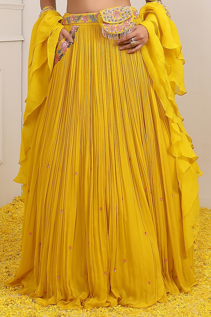 Yellow Georgette & Satin Organza Wedding Lehenga Set by Miku Kumar at Pernia's Pop Up Shop