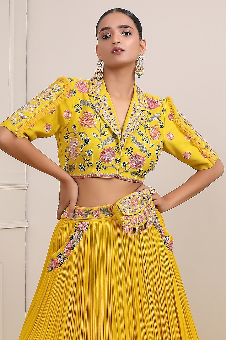 Yellow Georgette & Satin Organza Wedding Lehenga Set by Miku Kumar at Pernia's Pop Up Shop