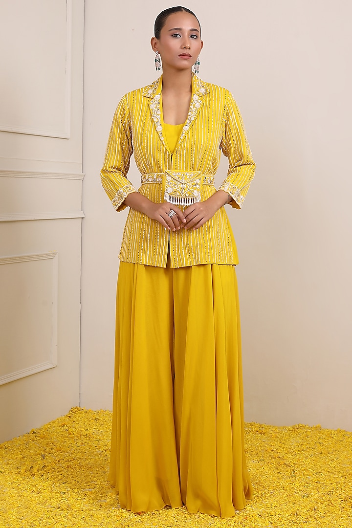 Yellow Triple Georgette Mirror Embroidered Jacket Set by Miku Kumar