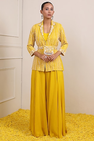 Yellow Triple Georgette Mirror Embroidered Jacket Set by Miku Kumar