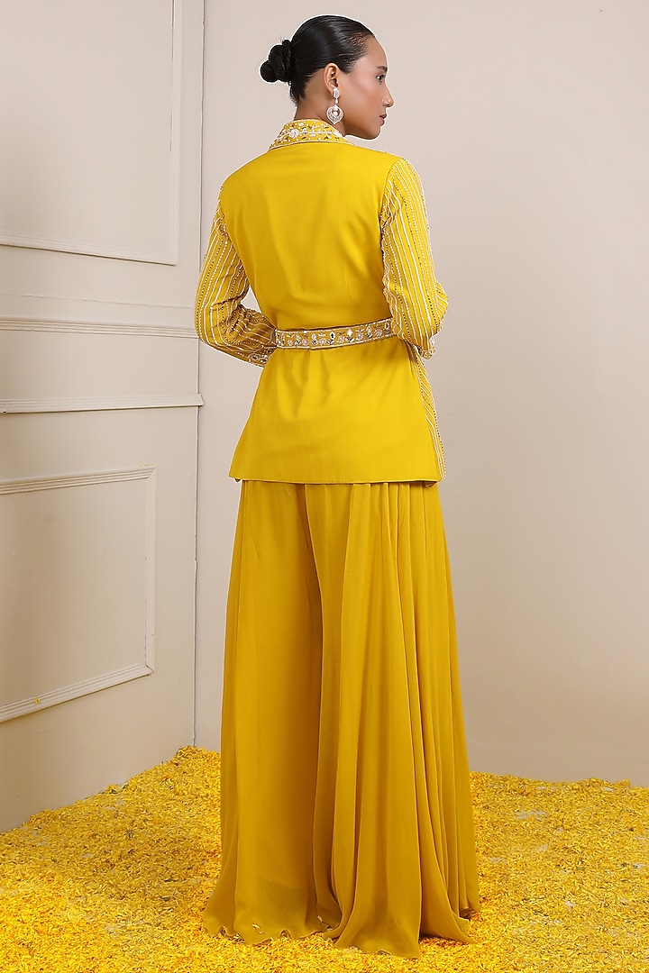 Yellow Triple Georgette Mirror Embroidered Jacket Set by Miku Kumar at Pernia's Pop Up Shop
