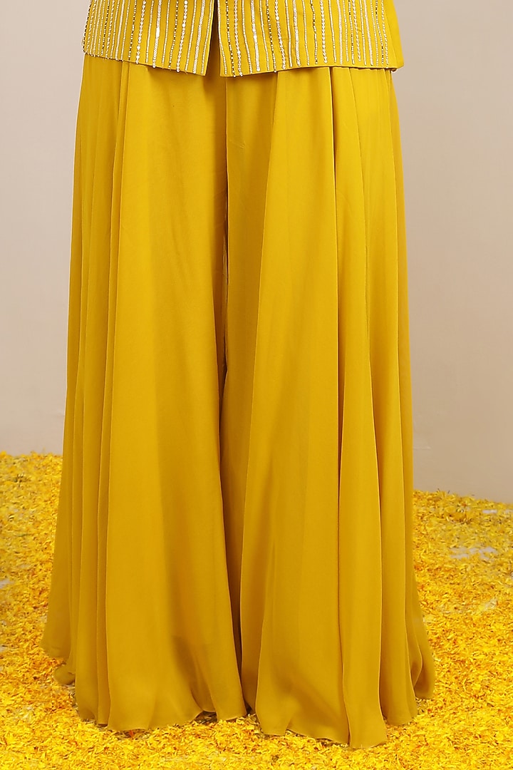 Yellow Triple Georgette Mirror Embroidered Jacket Set by Miku Kumar at Pernia's Pop Up Shop